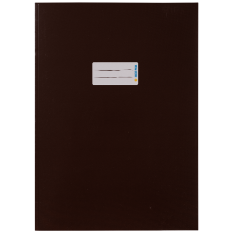 Dunkelbrauner Ordner mit einem Aufkleber in der oberen linken Ecke, der Platz für eine Beschriftung bietet.