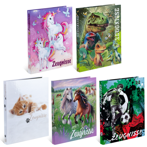 Vijf verschillende verzamelmappen met kleurrijke ontwerpen: eenhoorn, dinosaurussen, kittens, paarden en voetbal. Alle met de titel "Getuigschriften".