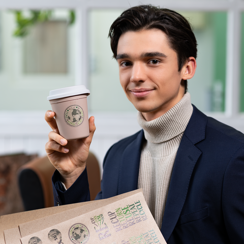 Jonge man in een elegante outfit houdt een koffiebeker vast en glimlacht. Op de tafel ligt een milieuvriendelijke verpakking.