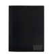 Schwarzer Ordner mit einer transparenten Tasche auf der Vorderseite, geeignet für Dokumente oder Notizen.