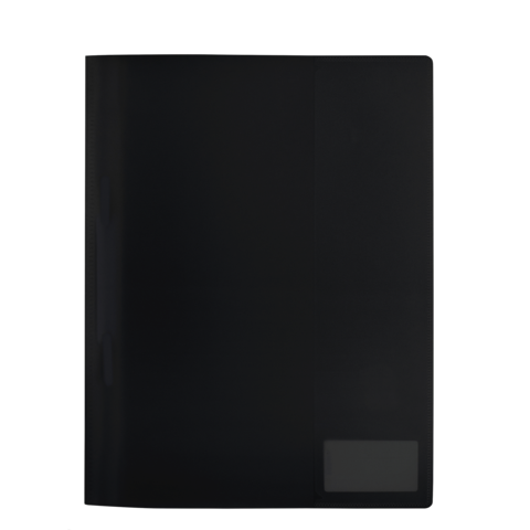 Schwarzer Ordner mit einer transparenten Tasche auf der Vorderseite, geeignet für Dokumente oder Notizen.
