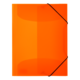 Oranger Ordner mit schwarzem Gummibandverschluss, flach liegend auf einem neutralen Hintergrund.