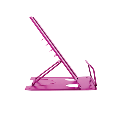 Ein pinker, verstellbarer Tablet-Ständer mit mehreren Halterungspositionen für eine optimale Sicht.