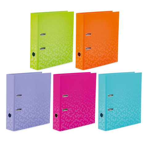 Vijf mappen in verschillende kleuren: groen, oranje, paars, roze en turquoise, met een gestructureerd ontwerp en twee ringmechanismen.