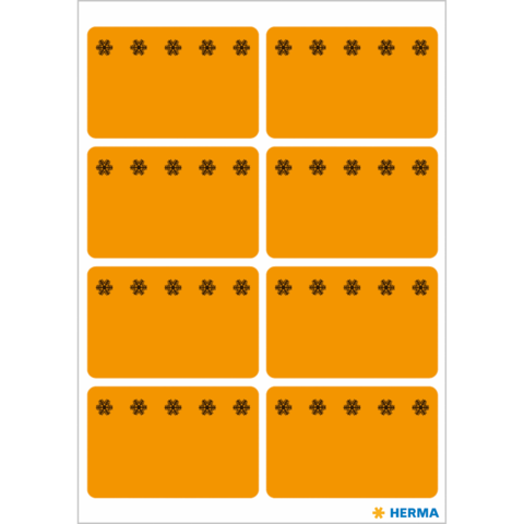 Orangefarbene Etiketten mit schwarzen Blütenmustern, angeordnet in einem Raster von acht Feldern.