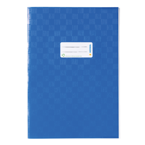 Blaues Heft mit einem weißen Etikett auf der Vorderseite, das Platz für eine Beschriftung bietet.