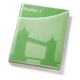Ein grünes Lehrbuch mit dem Titel "English 1" und einer Silhouette einer Brücke im Hintergrund.