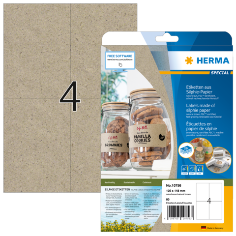 Etiketten aus Silphie-Papier, verpackt in einer transparenten Hülle. Enthält Beispiele für die Verwendung mit Gläsern und Keksen.