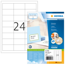Etikettenpackung von Herma mit 2400 Etiketten, inklusive Beispieletikett für "MR. SUNNY" und Hinweis auf kostenlose Software.