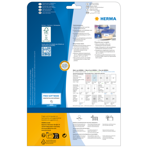 Rückseite einer Verpackung für HERMA Etiketten mit Informationen zu Software, Anwendungshinweisen und technischen Details.