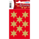 Rote Stickerkarte mit neun goldenen Sternen in verschiedenen Größen. Ideal für Dekoration oder Bastelprojekte.