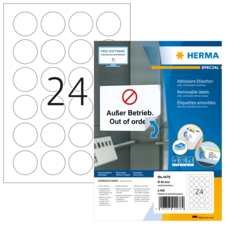 Ablösbare Etiketten mit der Nummer 24, verpackt in einer blauen Verpackung von HERMA. Hinweis: "Außer Betrieb. Out of order."