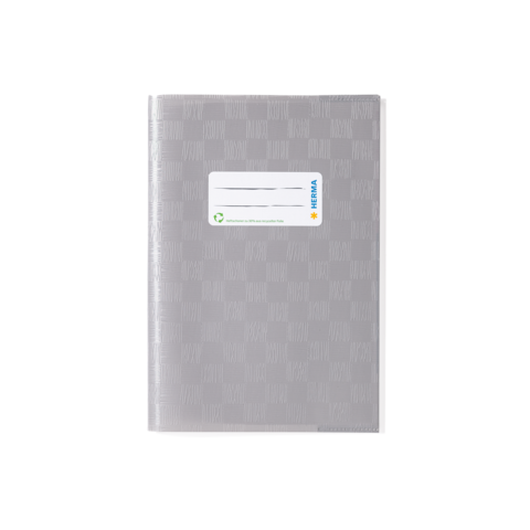 Ein graues Notizbuch mit einem weißen Aufkleber, der Platz für eine Beschriftung bietet.