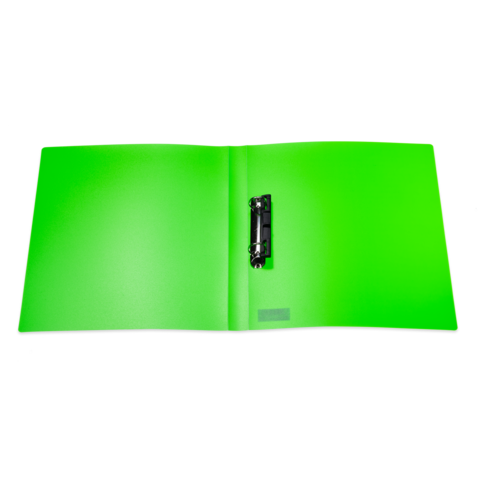 Grüner Ordner mit offenem Deckel und einem schwarzen Stift in der Mitte.