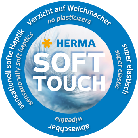 Runder Aufkleber mit dem Text "HERMA SOFT TOUCH", der auf weiche Haptik, Elastizität und den Verzicht auf Weichmacher hinweist.