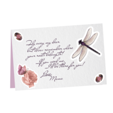 Eine Grußkarte mit einem Drachenflieger, einer Blume und einem Schmetterling. Der Text ermutigt, die Wurzeln nicht zu vergessen und bietet Unterstützung an.