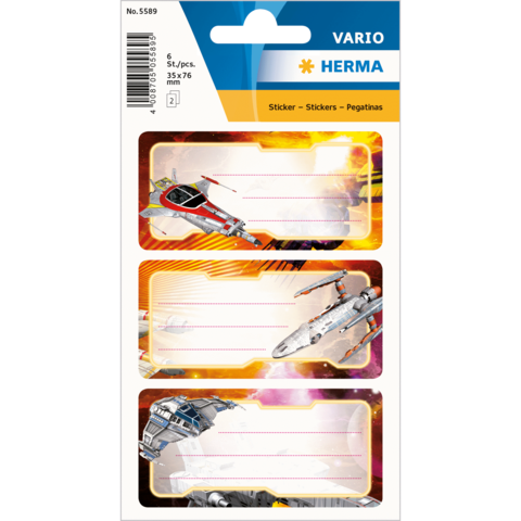 Aufkleber mit Raumfahrzeugen und Platz für Beschriftungen, in einem bunten, galaktischen Design. Enthält fünf Stück.