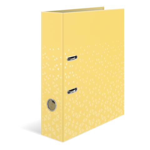Gelber Ordner mit einem geometrischen Muster, der zwei Metallösen und einen runden Ausschnitt auf der Vorderseite hat.