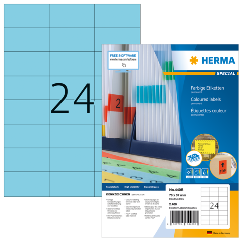 Bunte Etiketten auf einem Blatt mit 24 Feldern, verpackt von Herma, mit Informationen zu Größe und Verwendung.
