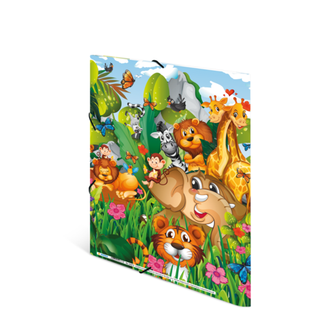 Bunte Tierillustration mit verschiedenen Tieren wie Löwen, Giraffen, Affen und Tigern in einer blühenden, grünen Landschaft.