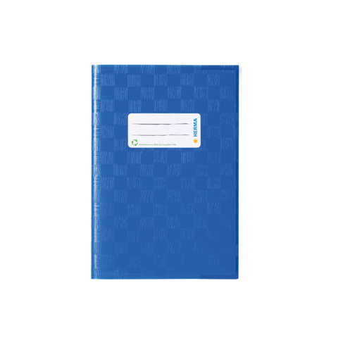 Blaues Notizbuch mit einem weißen Etikett auf der Vorderseite, das Platz für eine Beschriftung bietet.