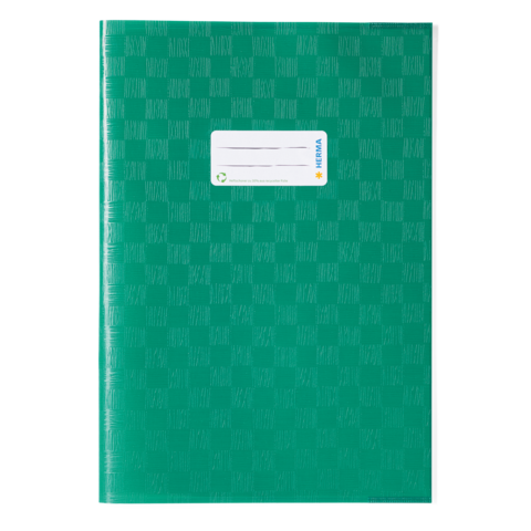 Grünes Notizbuch mit einem weißen Etikett auf der Vorderseite, das Platz für eine Beschriftung bietet.