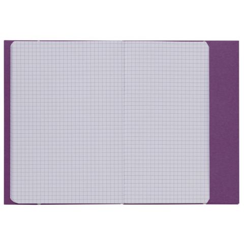Ein offenes kariertes Notizbuch mit lila Umschlag, das leere, quadratische Kästchen auf beiden Seiten zeigt.