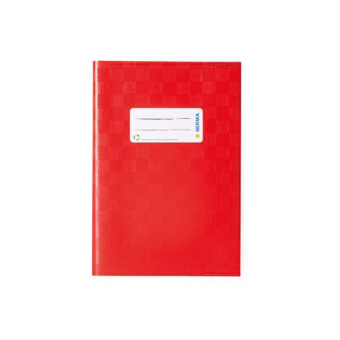 Rotes Notizbuch mit einem weißen Etikett auf der Vorderseite, das Platz für eine Beschriftung bietet.