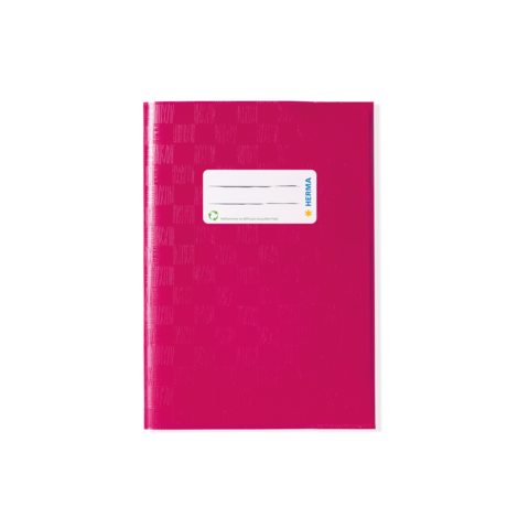 Rosa Notizbuch mit einem weißen Etikett auf der Vorderseite, das Platz für Beschriftungen bietet.