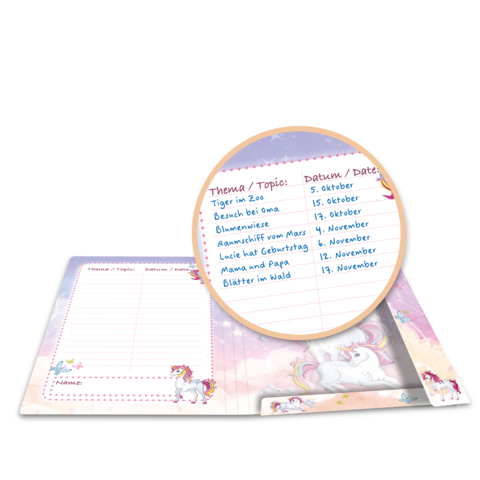 Ein offenes Notizbuch mit einem bunten Einhorn-Design. Auf einer Seite sind Themen und Daten aufgelistet, darunter Geburtstage und Aktivitäten.