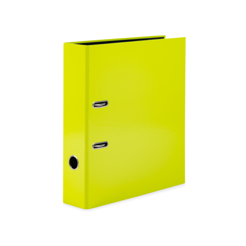 Ein leuchtend gelber Ordner mit zwei Metallösen und einer Öffnung an der Seite.