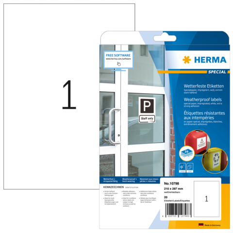 Wetterfeste Etikettenpackung von Herma, inklusive Informationen zu Größe und Nutzung. Enthält 20 Etiketten.