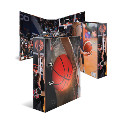 Ein Ordner mit Basketballmotiven, der Spieler in Aktion und Basketballszenen zeigt.