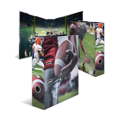 Ordner mit Football-Motiven, einschließlich eines Spielers, der einen Football hält, und Szenen von einem Footballfeld und Spielern.