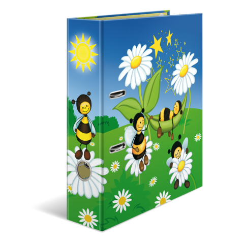 Ein Ordner mit buntem Design, das Bienen und Blumen zeigt, auf einem grünen Hintergrund mit Sonne und Sternen.