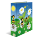 Ein Ordner mit buntem Design, das Bienen und Blumen zeigt, auf einem grünen Hintergrund mit Sonne und Sternen.