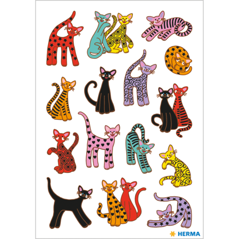 Bunte Katzen in verschiedenen Posen und Farben, darunter gestreifte, gepunktete und einfarbige Designs.