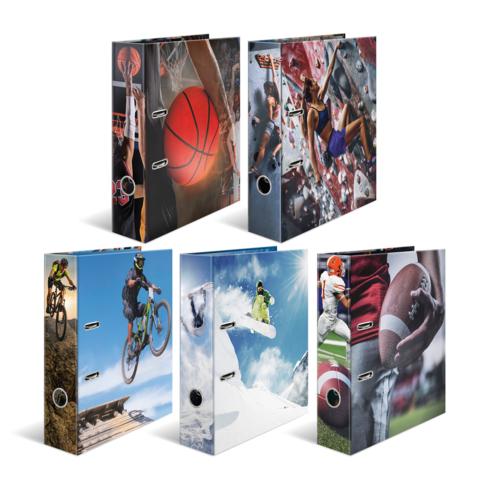 Ordner mit Sportmotiven, darunter Basketball, Radfahren, Snowboarden und American Football, angeordnet in zwei Reihen.