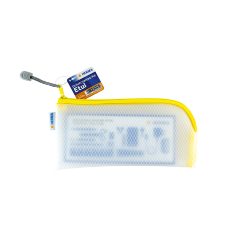 Gelbe, durchsichtige Federmappe mit Reißverschluss und Etikett. Ideal zur Aufbewahrung von Schreibutensilien.
