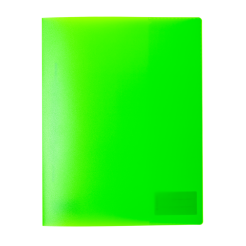 Grüner, transparenter Ordner mit einer glatten Oberfläche und einem kleinen, leeren Bereich für Beschriftungen.