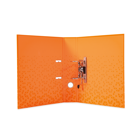 Oranger Präsentationsordner mit geometrischem Muster, ausgestattet mit Halterungen und einem zentralen Loch für eine einfache Befestigung.
