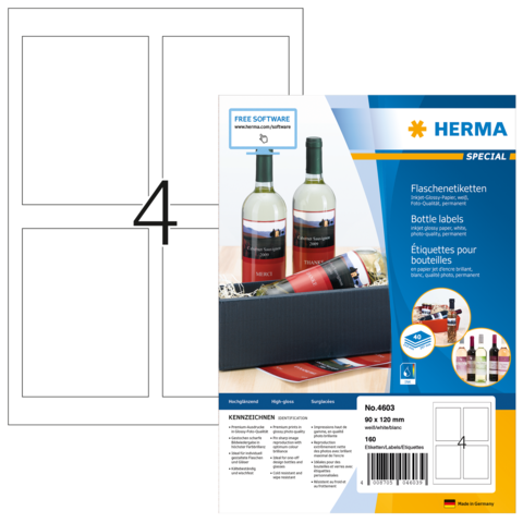 Flaschenetiketten auf einem Blatt mit vier leeren Etiketten. Verpackung zeigt die Marke HERMA und Hinweise zur Nutzung.