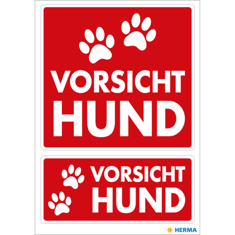 Warnschild mit rotem Hintergrund und der Aufschrift "VORSICHT HUND", begleitet von Hundepfoten-Symbolen.
