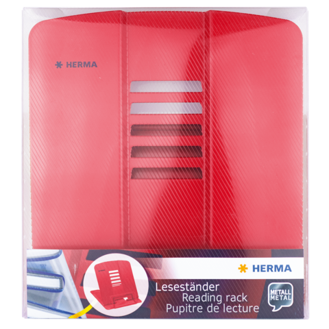 Roter Leseständer von Herma, verpackt in transparenter Folie, mit Lüftungsschlitzen und dem Hinweis auf Metallmaterial.