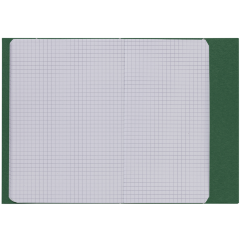 Ein offenes kariertes Heft mit grünem Umschlag, das leere Seiten für Notizen oder Zeichnungen zeigt.