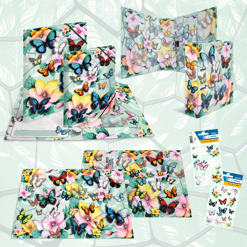 Vrolijke vlinders en bloemen op verschillende kaarten en een folder, omringd door een heldere, gemusterde achtergrond.