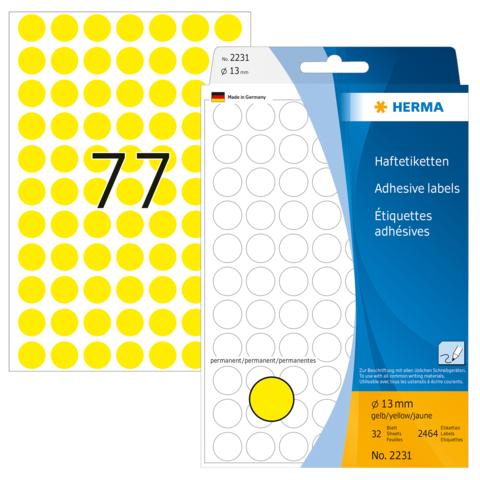 Gelbe Haftetiketten mit der Nummer 77, 13 mm Durchmesser, verpackt in einer Herma-Hülle. Enthält 32 Etiketten.