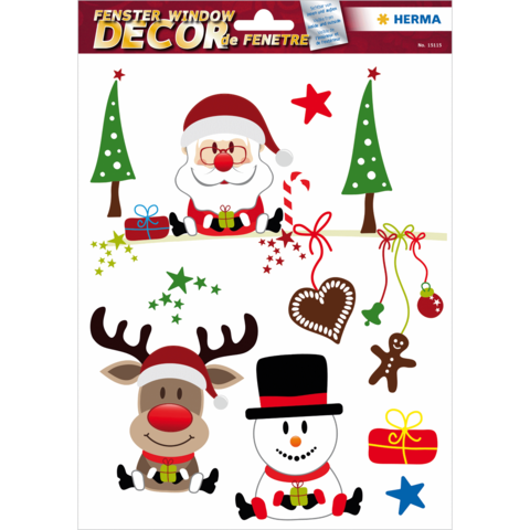Weihnachtliche Fensterdekoration mit Santa, einem Rentier, einem Schneemann, Weihnachtsbäumen, Sternen und Geschenken.