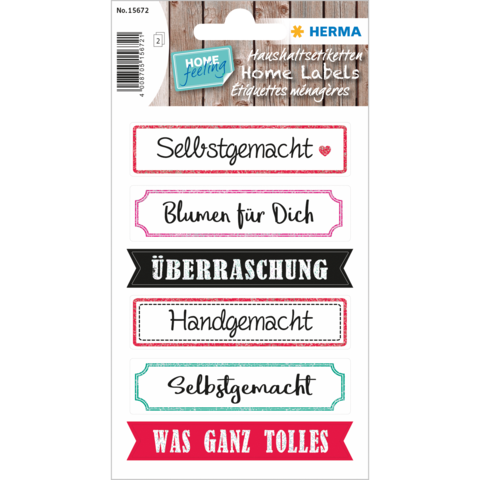 Selbstklebende Etiketten mit verschiedenen Beschriftungen wie "Selbstgemacht", "Blumen für Dich" und "Überraschung".