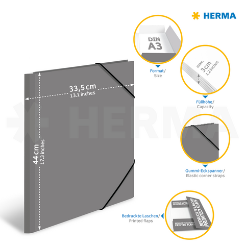 Grijze A3-map met elastische hoeken, 3 cm vulhoogte en bedrukte tabs, gepresenteerd door HERMA.